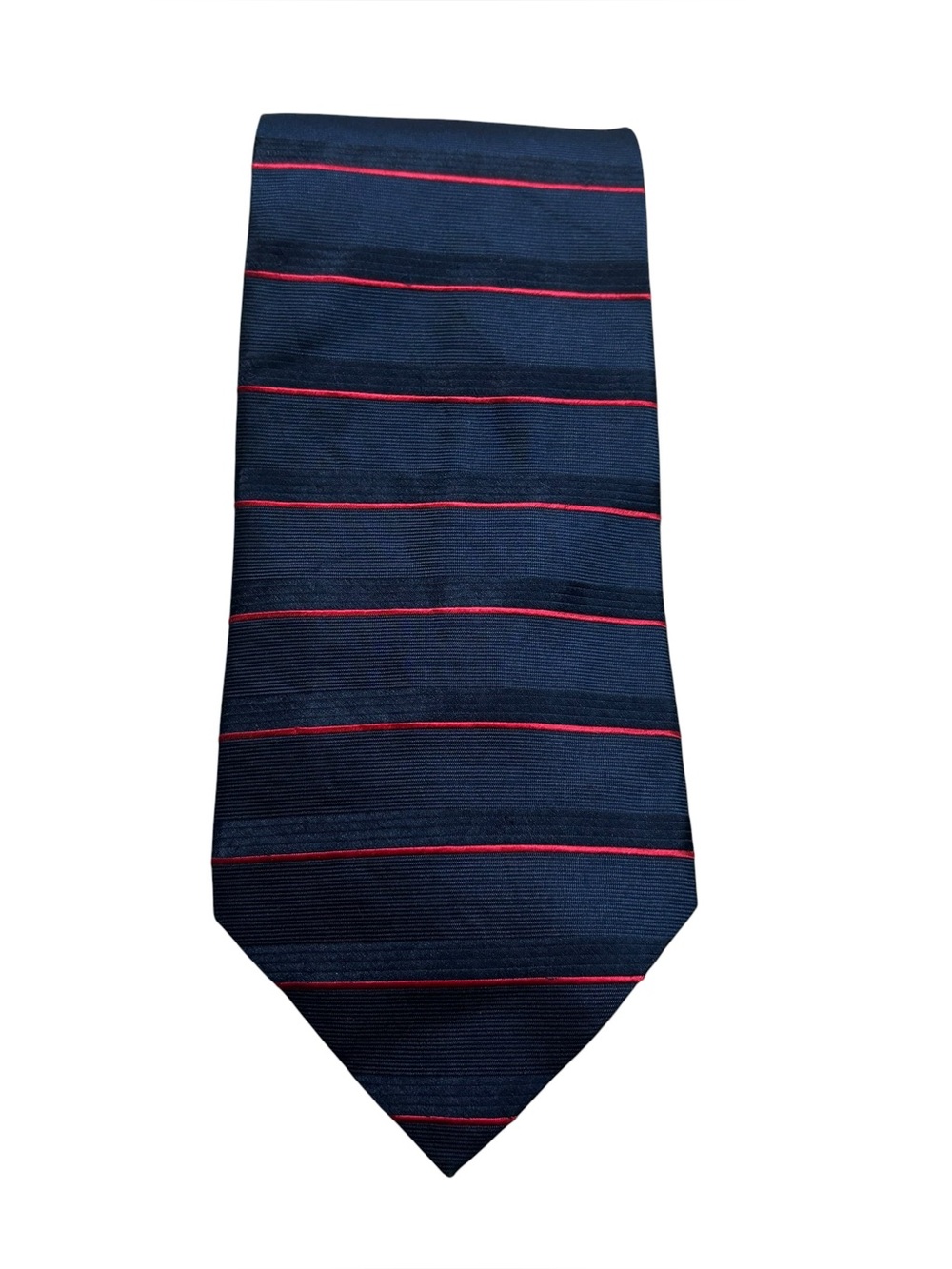 Roundtree & Yorke 100% Silk Neck Tie Navy Blue with Red Stripes